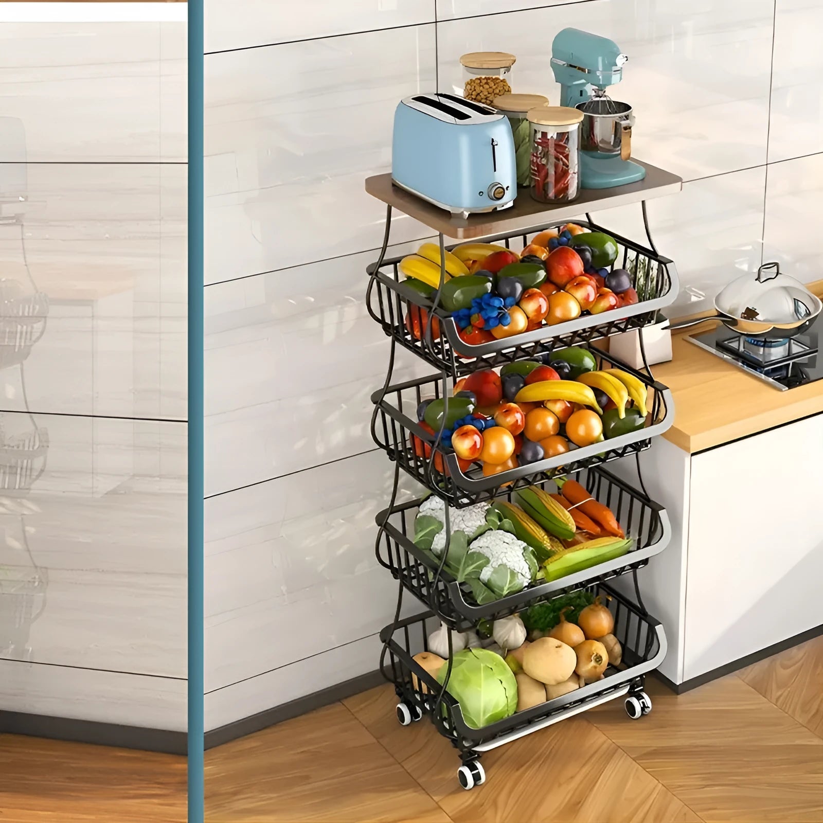 Black six-layer freestanding kitchen storage rack with foldable carbon steel frame