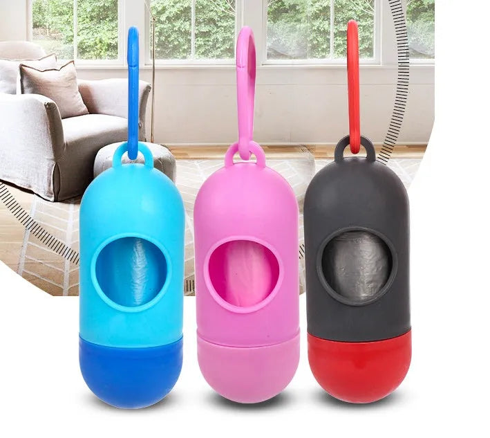 Six different coloured dog waste bags showing black, blue, green, pink, red and purple options