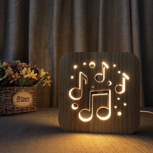 Wooden LED atmosphere lamp with warm white light and USB power cable