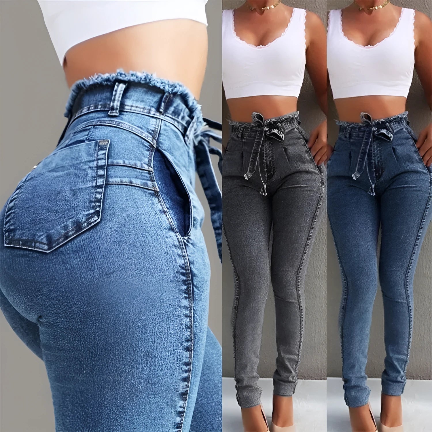 Woman wearing grey fringed straight leg jeans made from cowboy denim fabric.