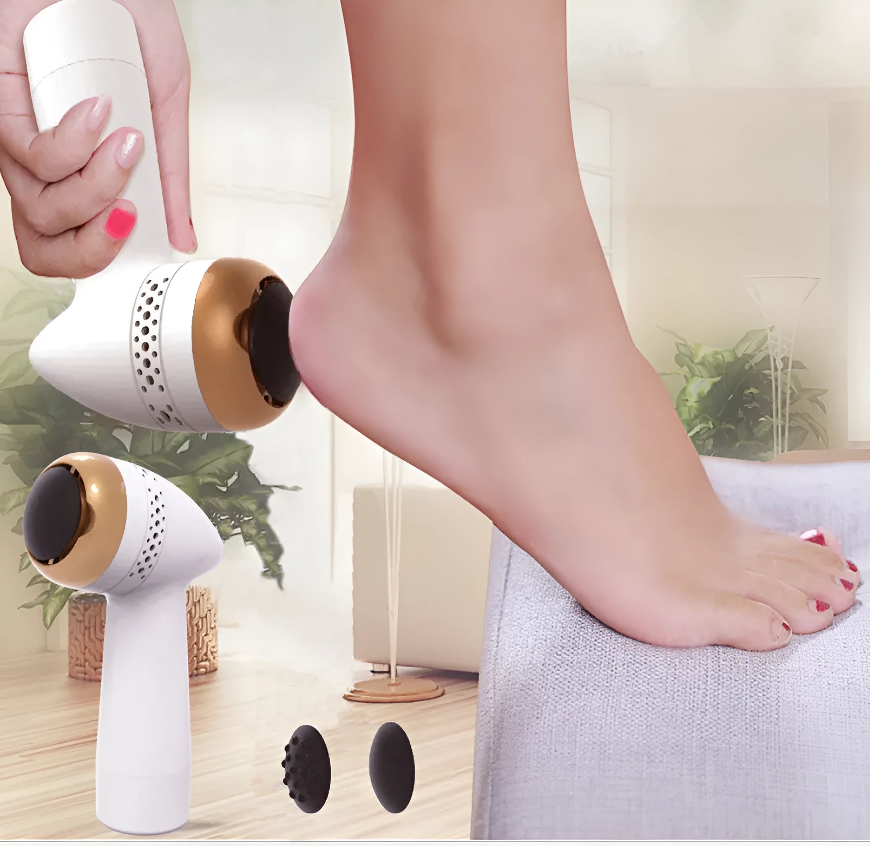 Electric vacuum foot grinder with quartz grinding heads in metallic gold finish