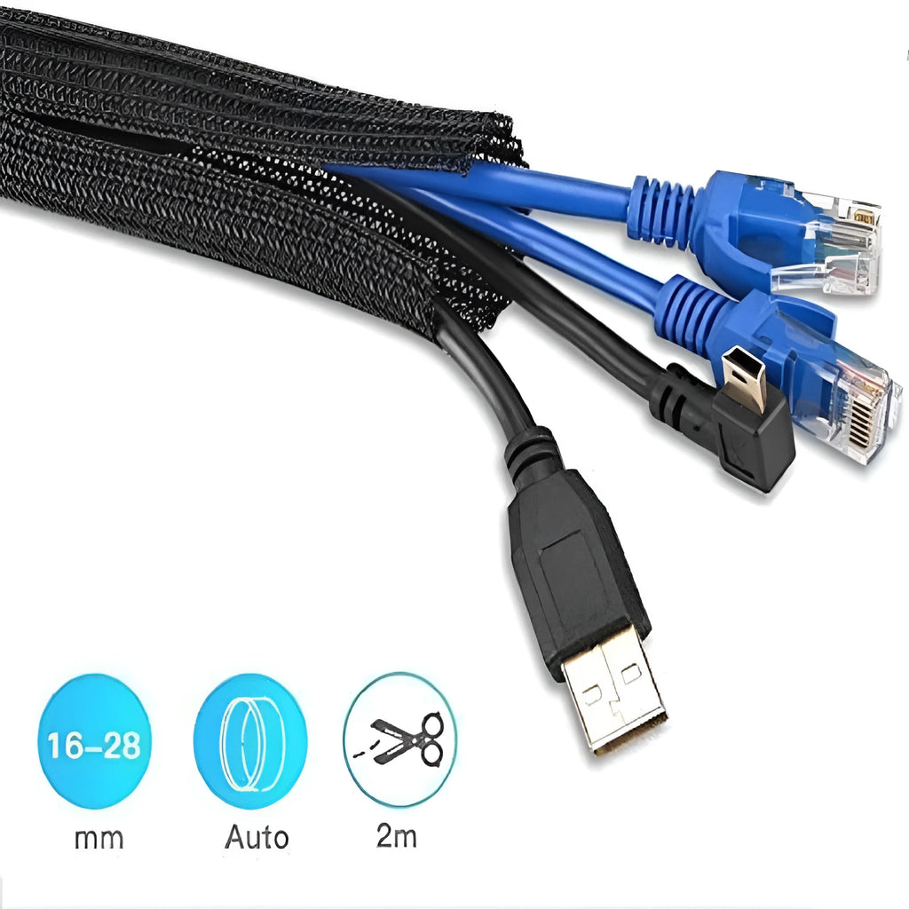 Black self-winding polyester mesh sleeve for protecting automotive wires and cables, shown in a 1 metre length.