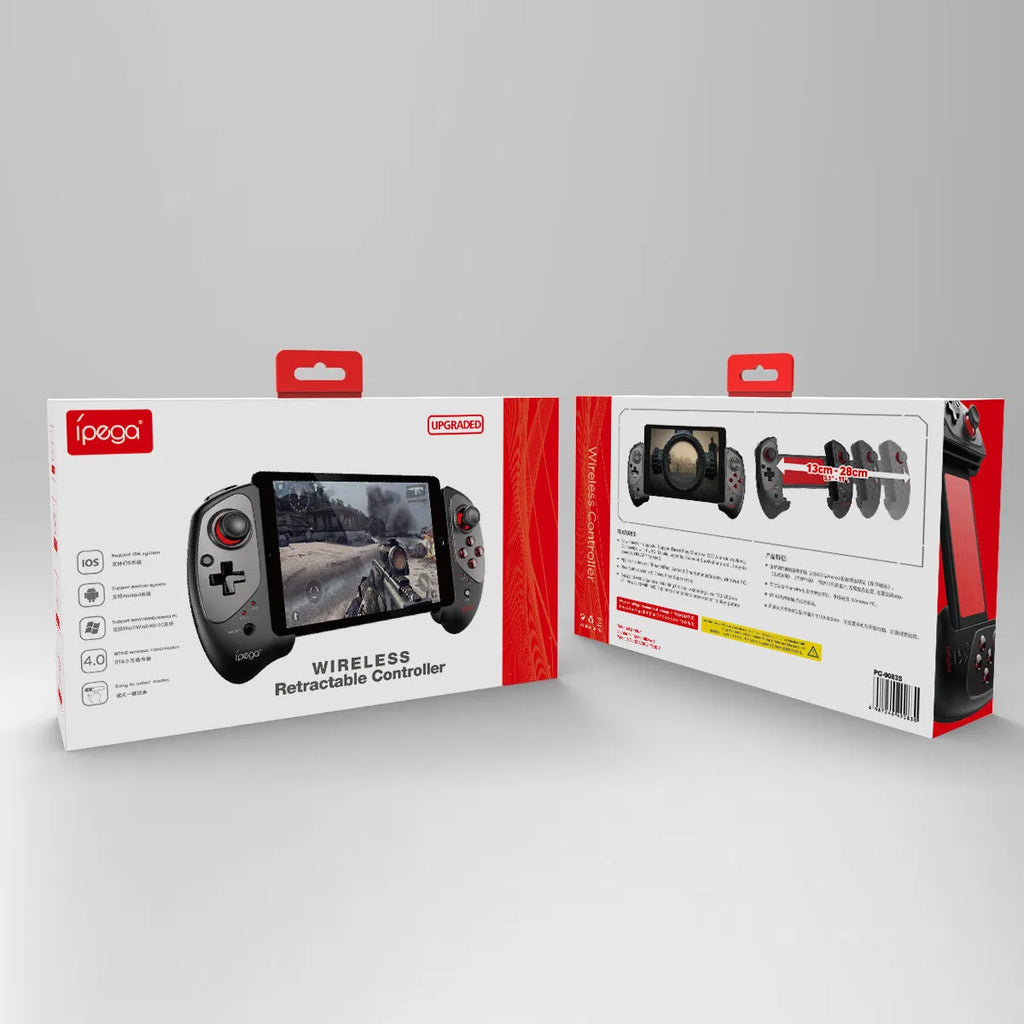 Red telescopic gamepad controller holding smartphone with USB cable