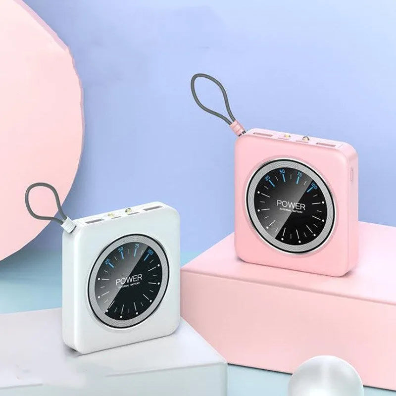 Mini clock portable power bank with alloy case in pink, black, green, or white, showing multi-U port.