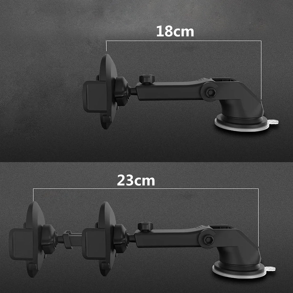 Black telescopic arm car phone holder with suction cup mount on a dashboard.