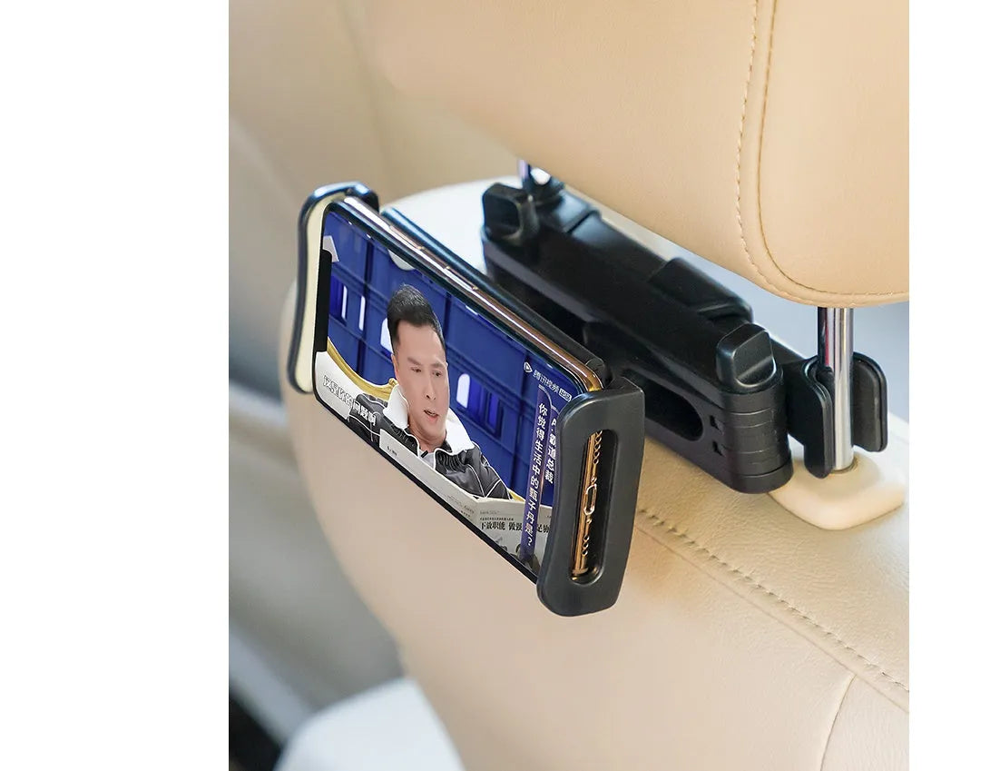 Black plastic car phone holder mounted on rear seat base holding a tablet for navigation