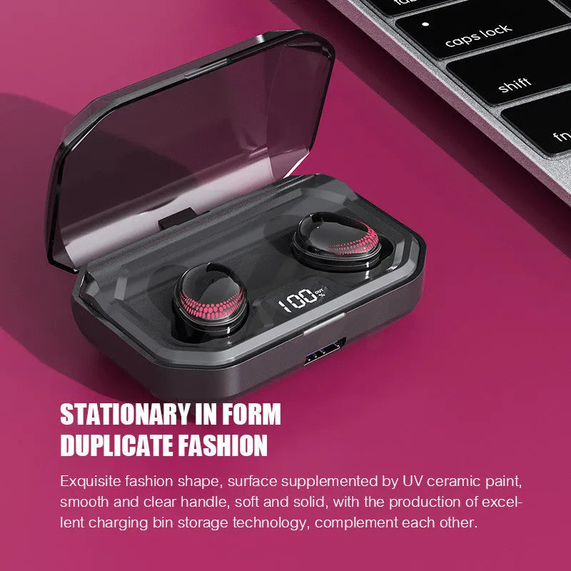 Black X10 Bluetooth wireless earbuds with charging case on a dark surface.