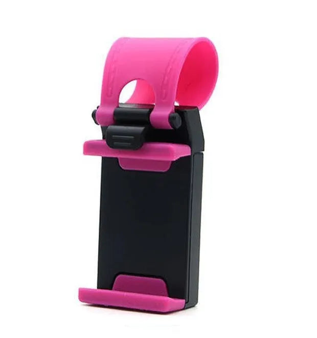 Black steering wheel phone clip holder mounted on car steering wheel