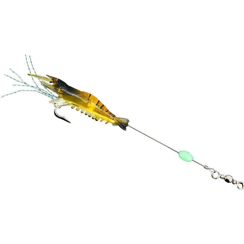 Six assorted colour Luer soft fishing lures with hooks on a blue background.