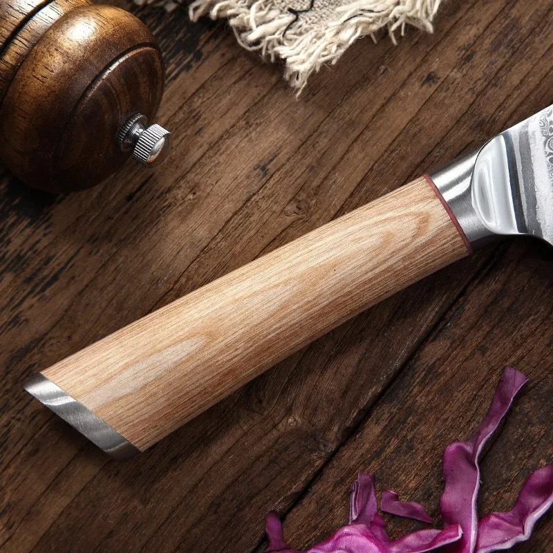 Damascus 8-piece kitchen knife set with 67-layer steel blades in New Chinese style on a wooden board