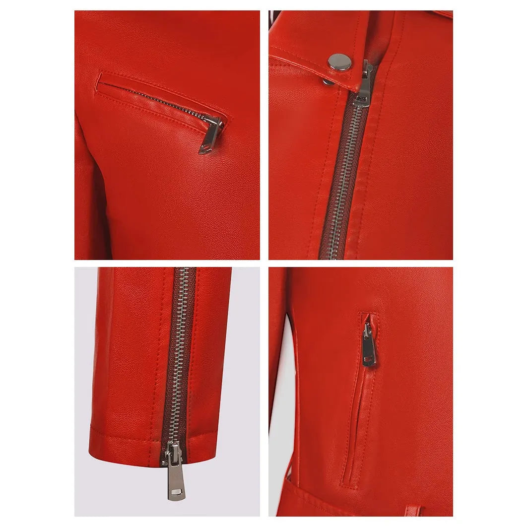 Women's red PU leather jacket with lapel collar and belt detail
