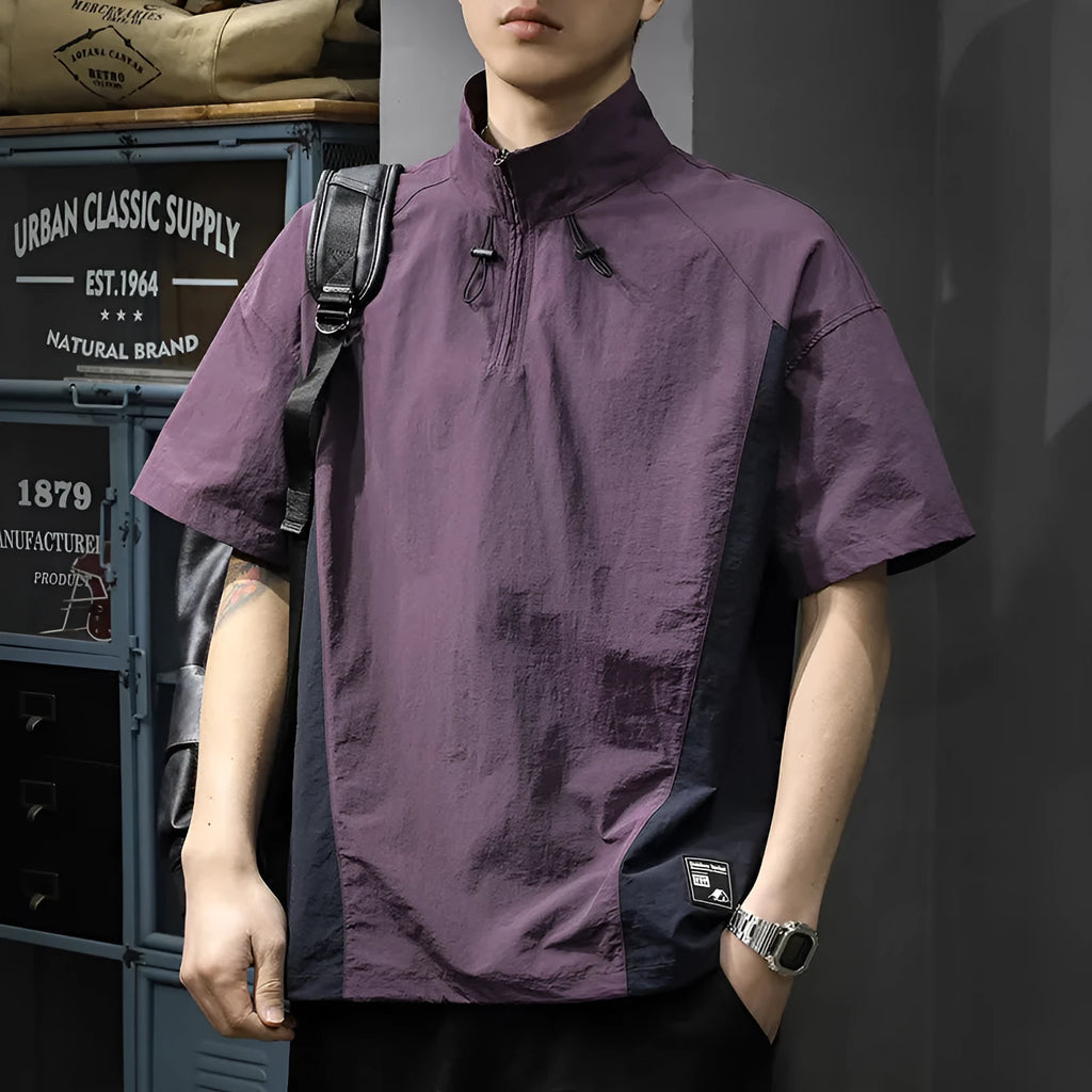 Brown men's half-zip stand collar short sleeve shirt in a loose fit