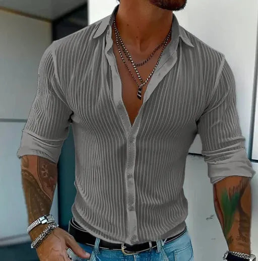 Men's striped cardigan long sleeve shirt in British style loose fit, available in multiple colours
