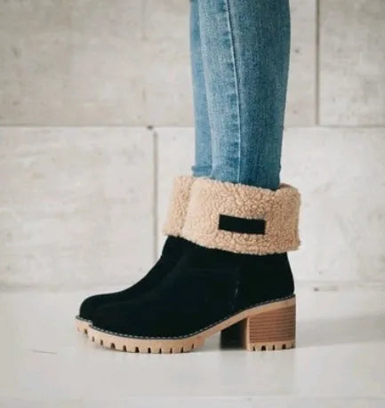 Women's mid-calf suede snow boots in various colours with a thick flat heel and round toe.