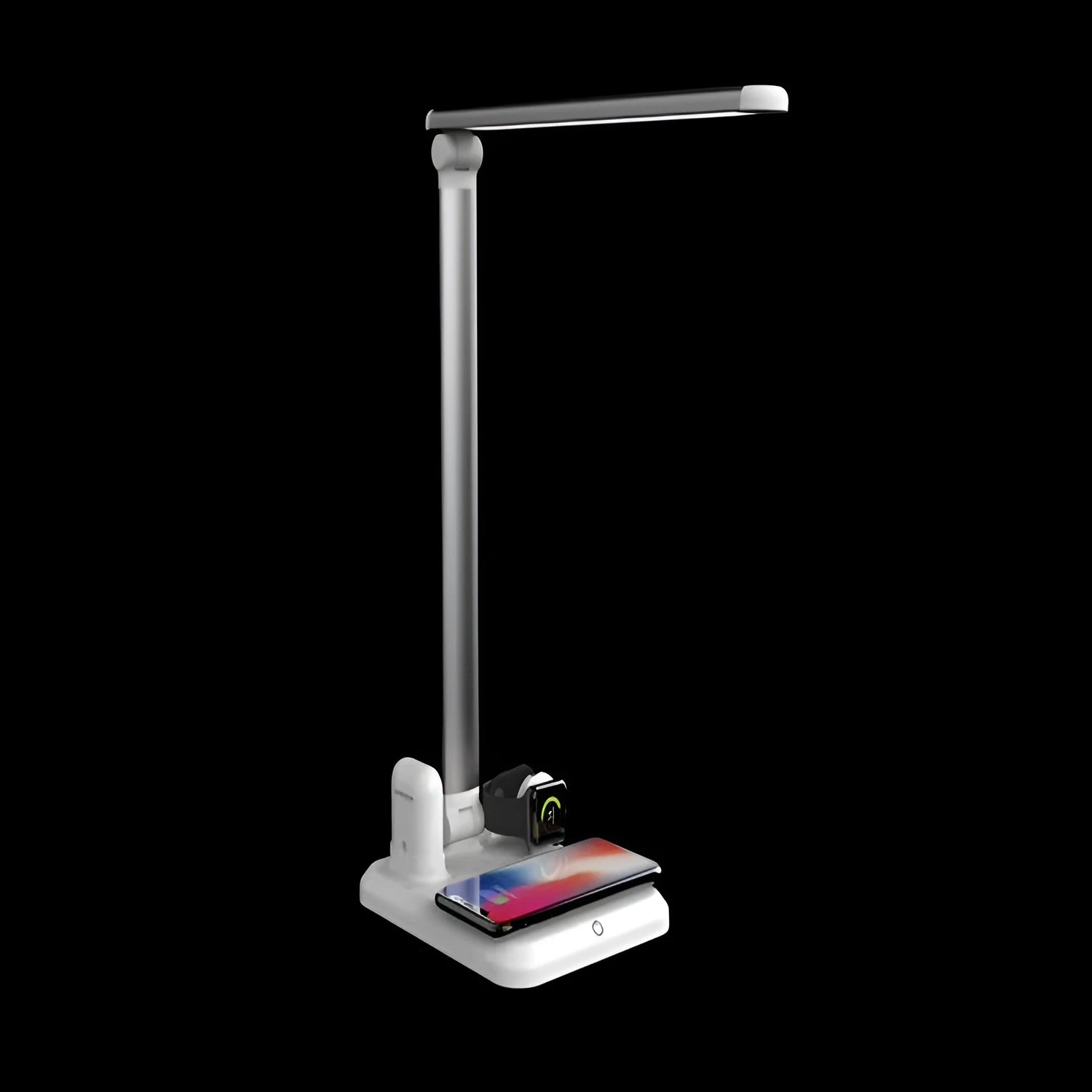 Black and white 4-in-1 multifunction LED desk lamp with wireless charging pad and USB port.