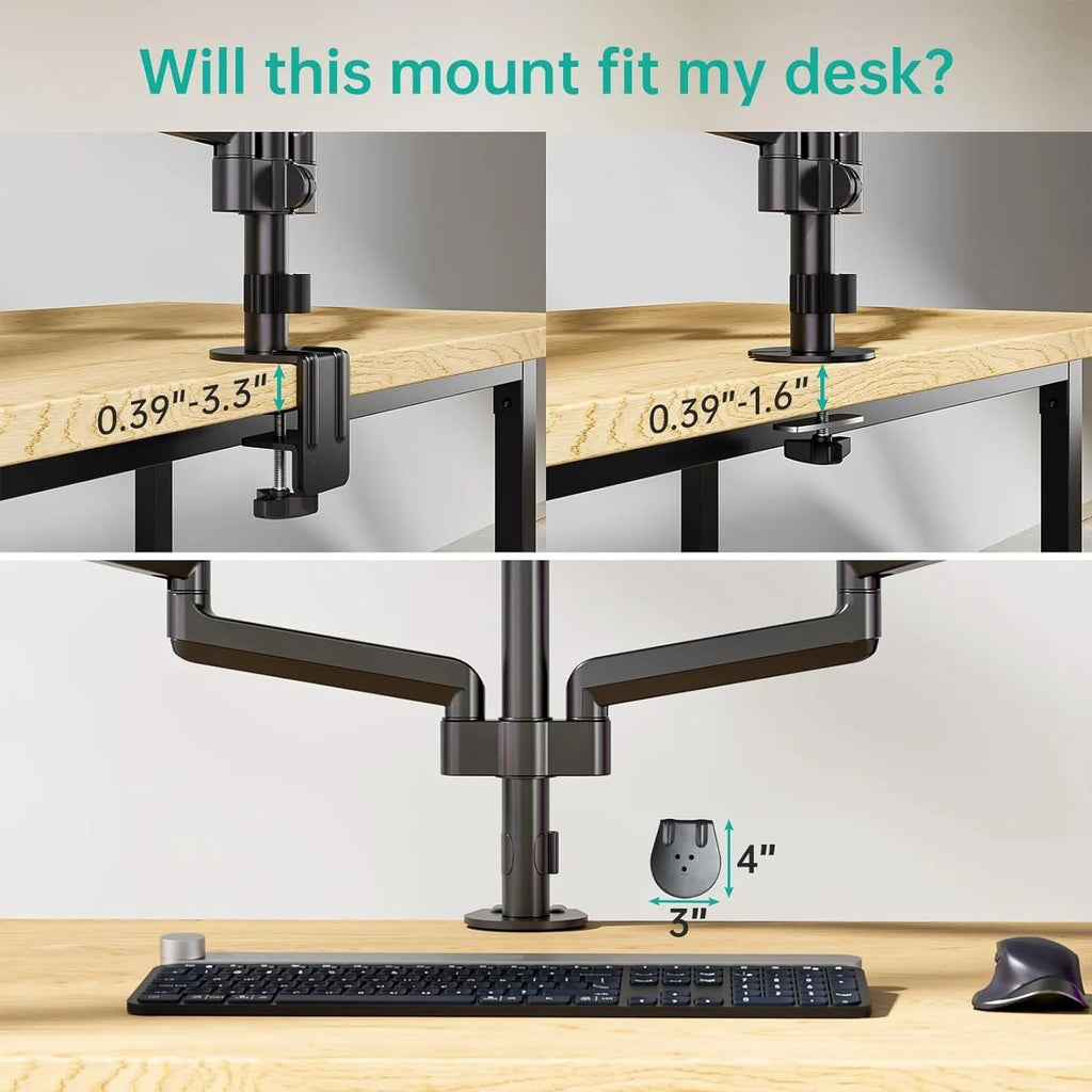 Black three-arm gas spring monitor mount for 27-inch screens with aluminium construction