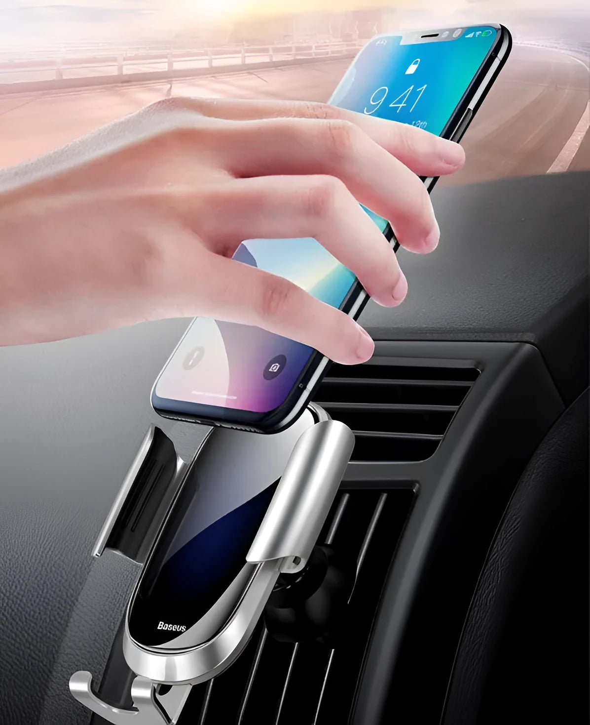 Universal smart car phone mounting bracket shown in black, blue, and silvery colour options on a car dashboard.