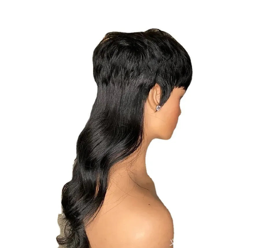 Bangs black front short back long Brazilian wig in T7262 Black on a mannequin head