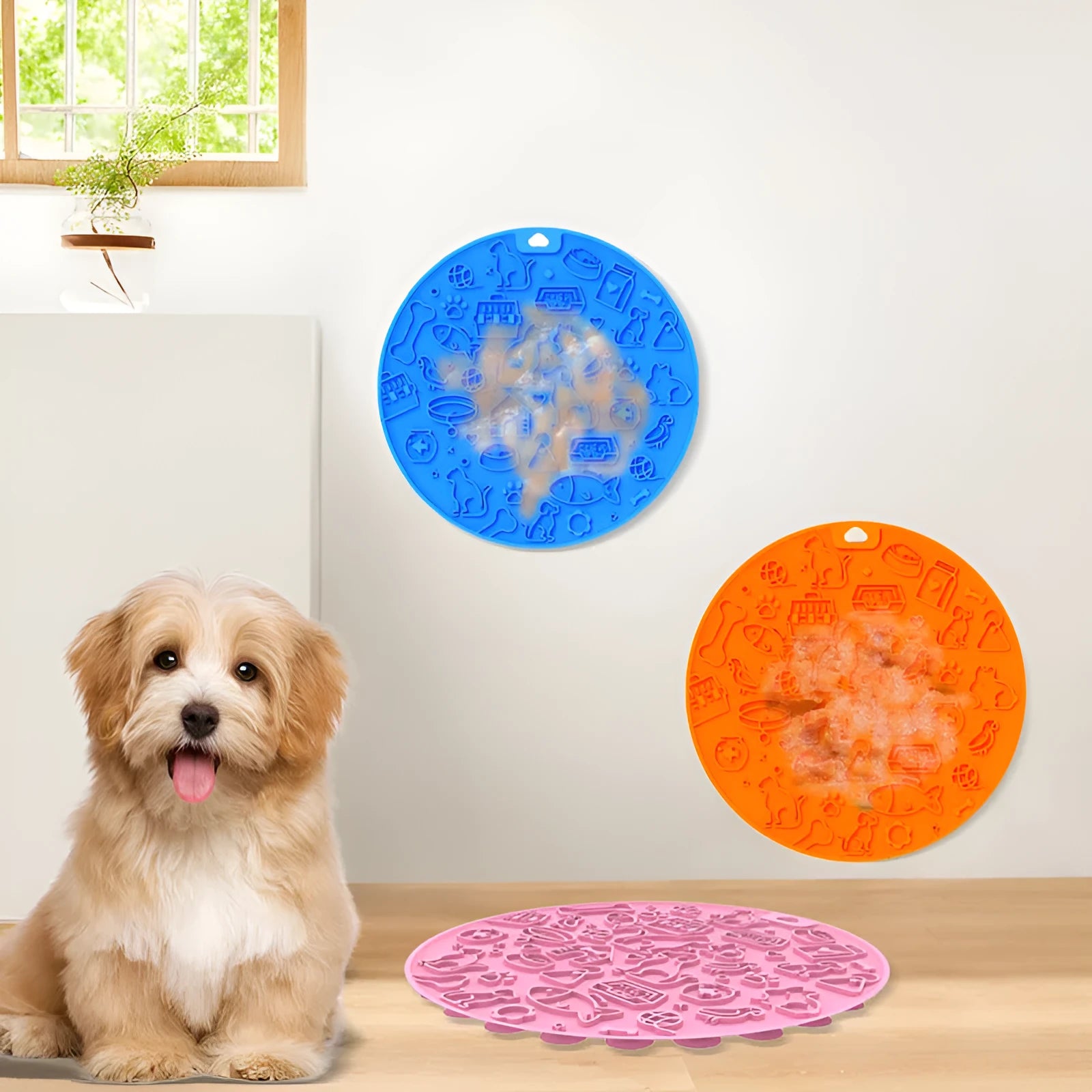 Round silicone pet licking mat with suction cups shown in available colour options