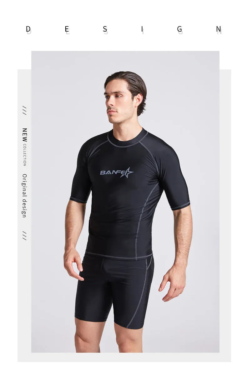 Men's quick-drying half sleeve swimsuit in blue with separate top and pants for snorkelling and surfing