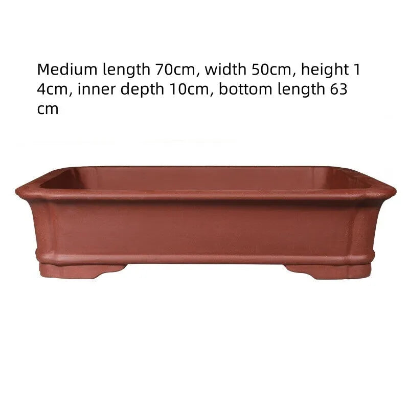 Large rectangular handmade purple clay flowerpot shown for bonsai or garden use.