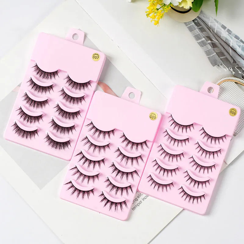 Pack of manga-style false eyelashes showing natural wispy lashes on a black plastic band.