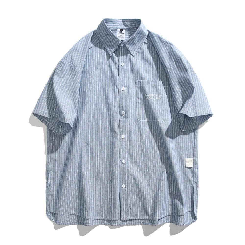 Blue striped overalls short-sleeved shirt for men and women, loose fit cardigan style, cotton blend fabric.