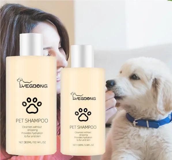 Bottle of mild dog shampoo for soft, clean hair, shown in 100ml and 300ml sizes.