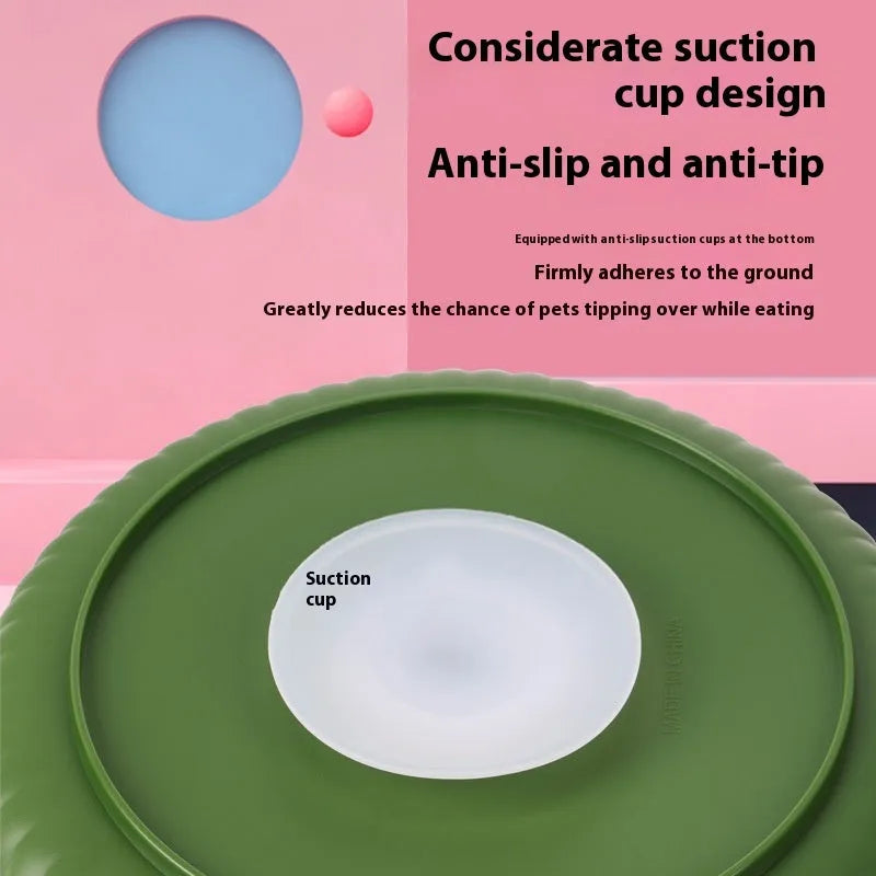 Pet slow feeder bowl with rotating game board and textured silicone licking mat in assorted colours.