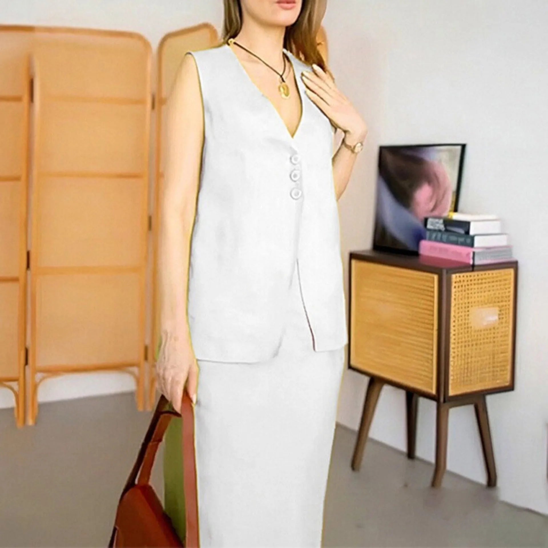 Casual white sleeveless vest and long skirt two-piece suit set on a hanger