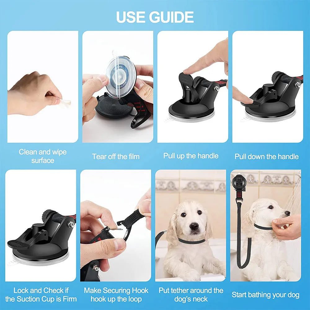 Pet bathing restraint with suction cup handcuffs and adjustable traction rope in black colour