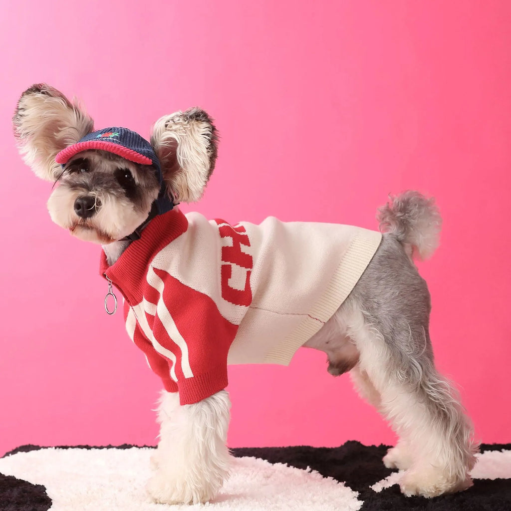 Puppy dog sports sweater cardigan in wool, dark green and red colours, available in sizes S to XXL