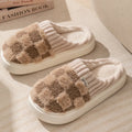 Women's plaid plush slippers in grey with a coral velvet upper and textured non-slip PVC sole.
