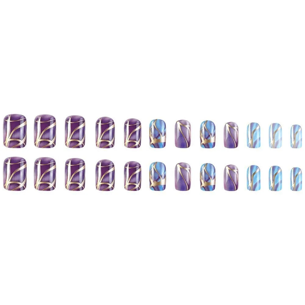Purple striped mid-length nail stickers set in European American style on a white background