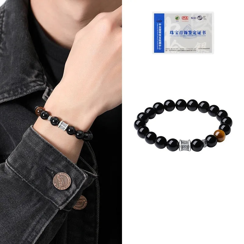 Pure silver obsidian six-word mantra bracelet for men, 10mm hand-woven prayer wheel style
