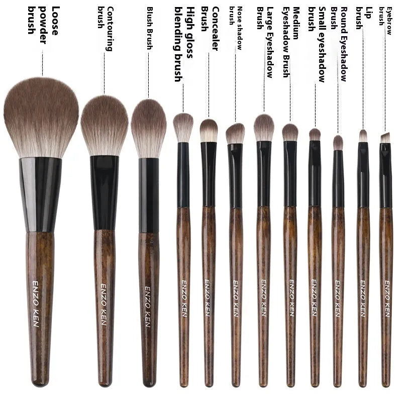 12-piece makeup brush set with synthetic bristles and wooden handles in PU travel roll