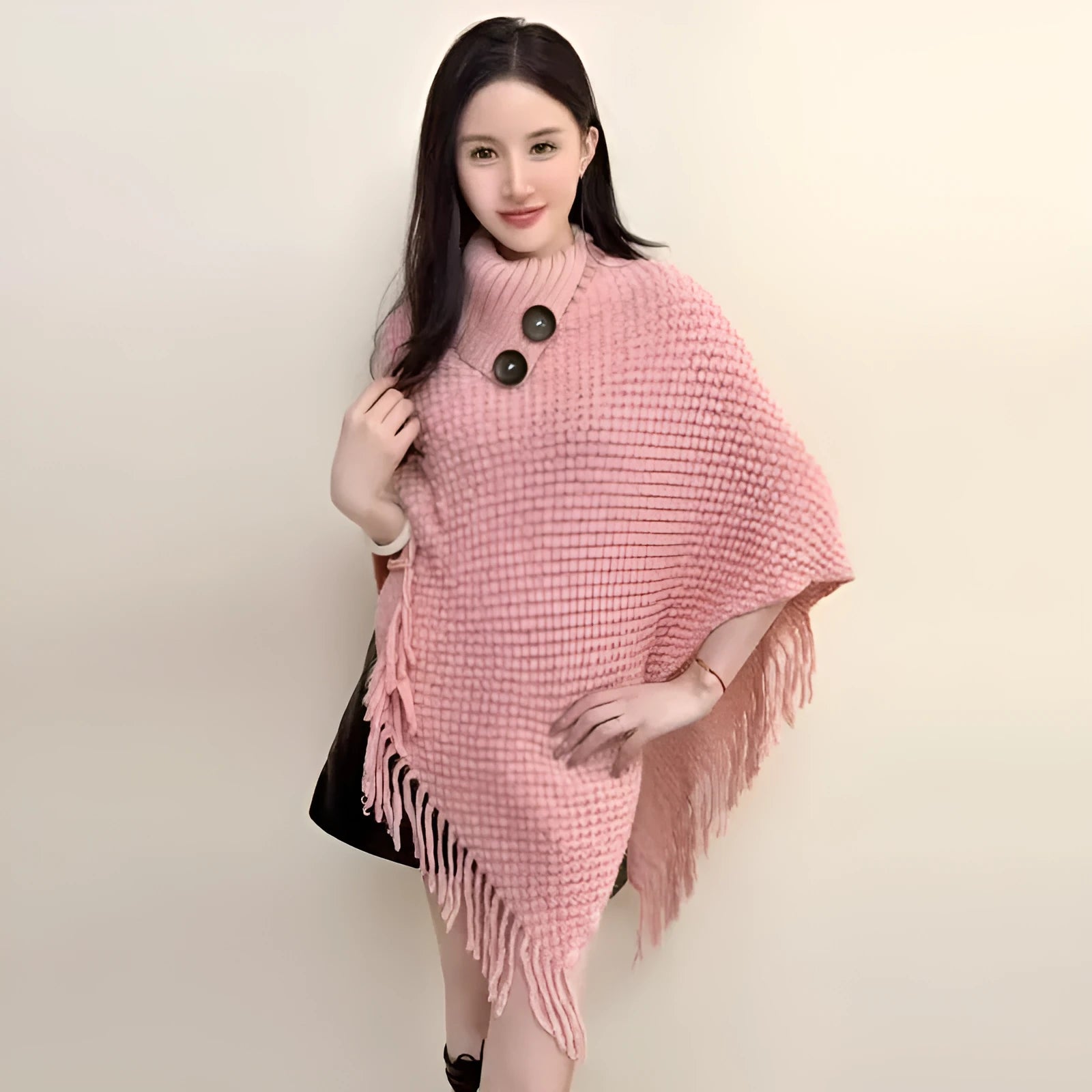 Women's triangular cashmere blend shawl cape with plush texture and decorative tassels