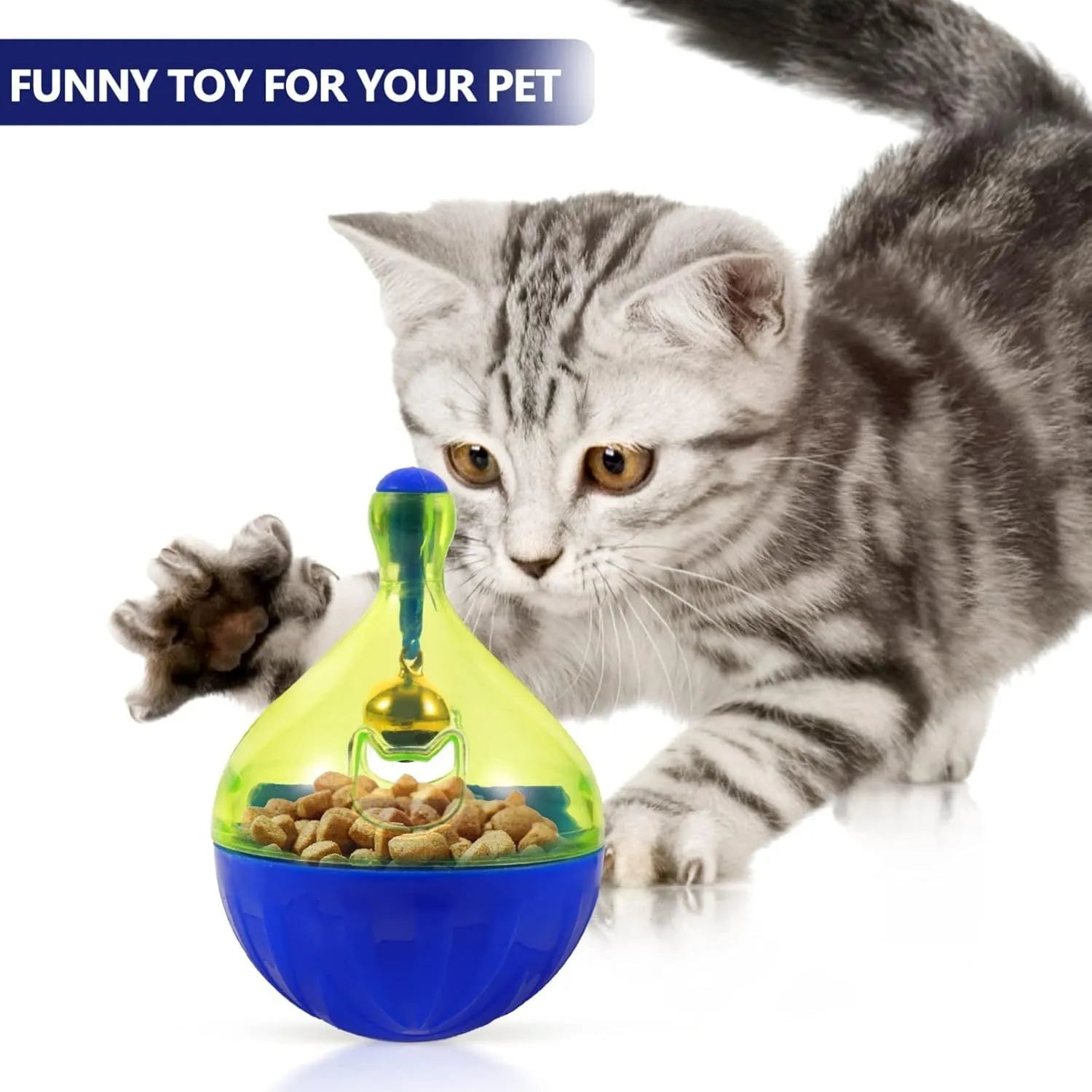 Blue pet treat dispenser tumbler toy for dogs and cats with interactive food puzzle design