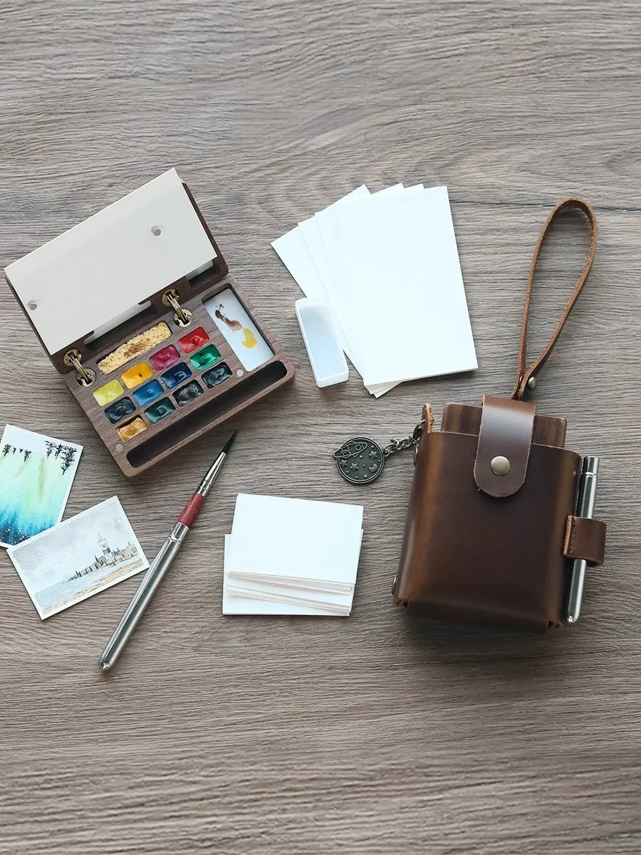Mini wooden watercolour paint box with professional pigment suits in pocket-sized portable format