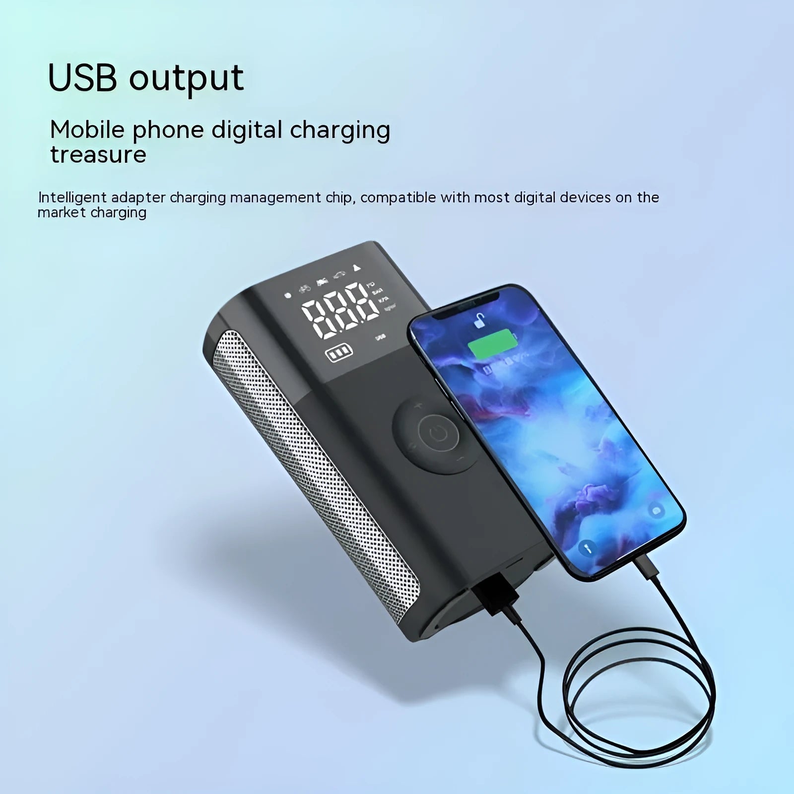 Handheld wireless digital display car tyre air pump with LED light and attachments on a grey background.