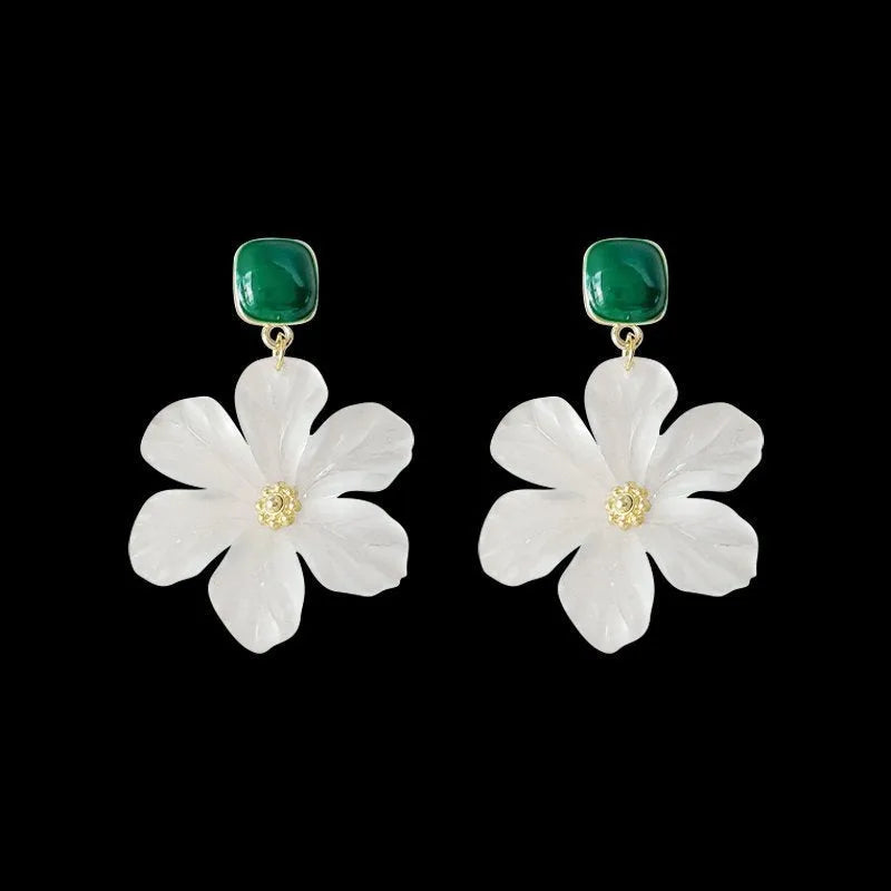 Dark green floral drop earrings with alloy construction and sterling silver fastening