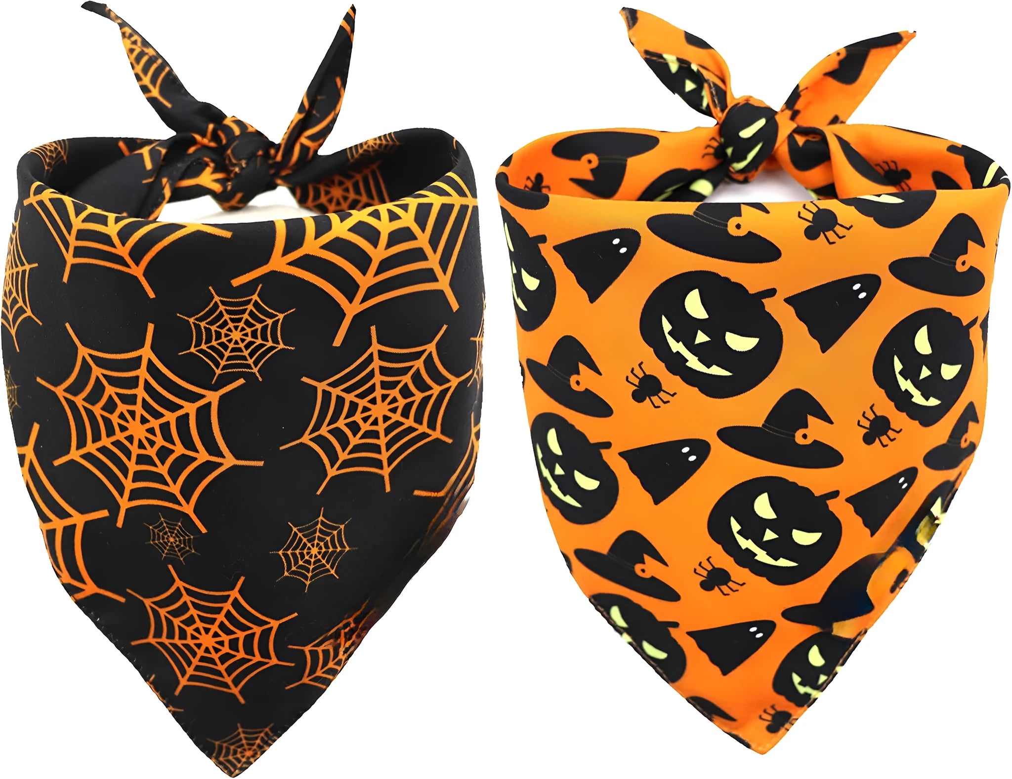Reversible Halloween dog bandana with pumpkin and spider web patterns in black and orange, 65 x 45 x 45 cm