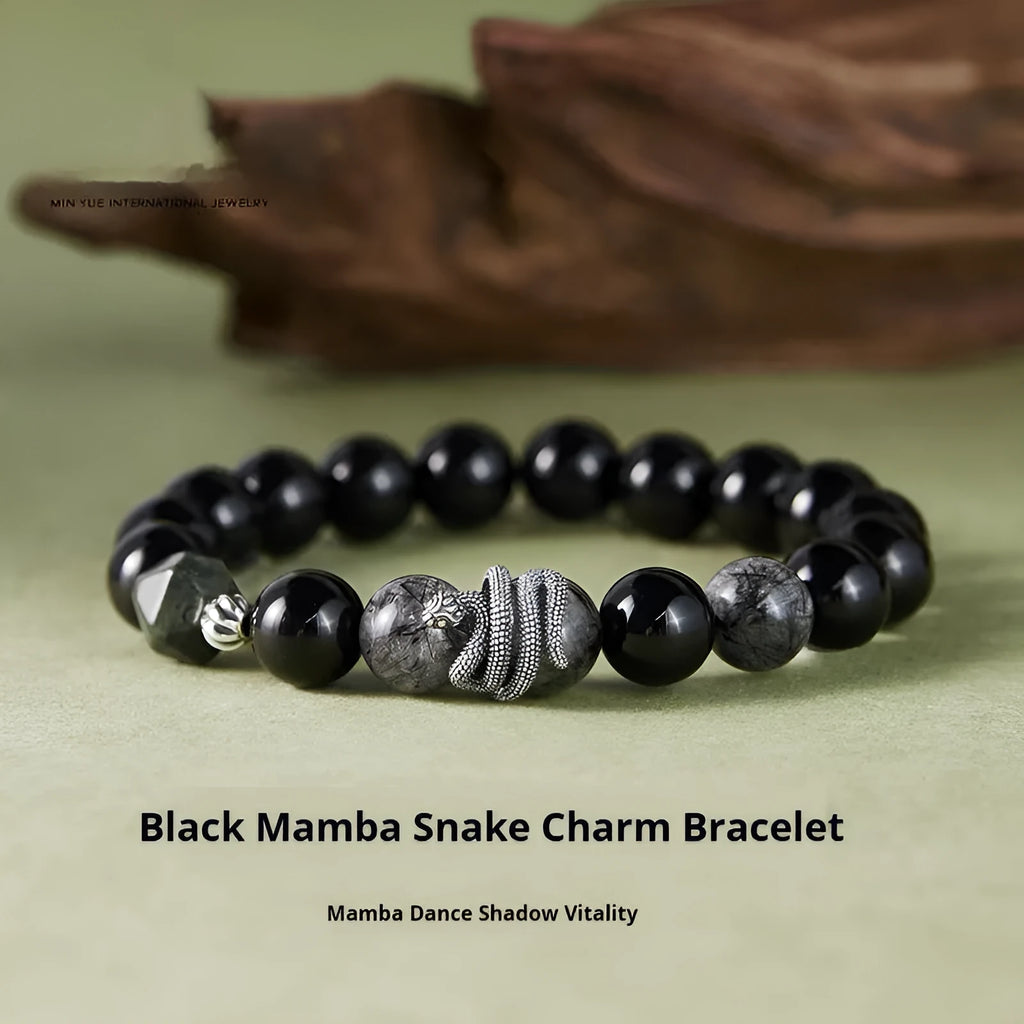 Men's S925 sterling silver snake zodiac bracelet with black obsidian charm on wrist