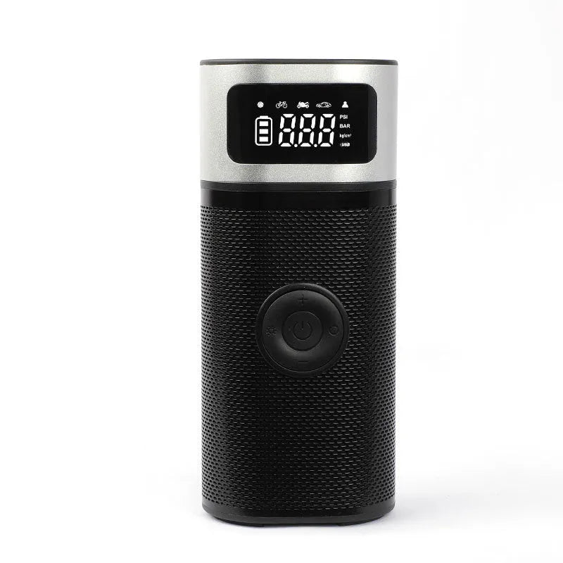 Black portable wireless vehicle air pump with USB charging cable and multiple inflation nozzles including bicycle and ball attachments