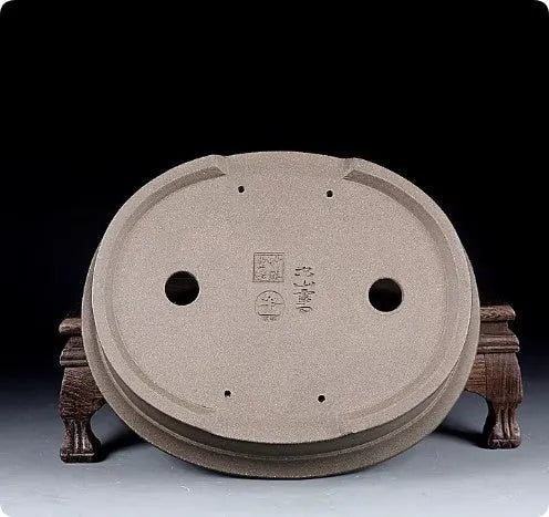 Handmade antique oval purple sand bonsai flower pot, 25cm long by 21cm wide.