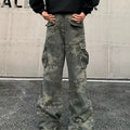 Korean-style washed camouflage cargo pants with multiple pockets on a mid-waist fit.