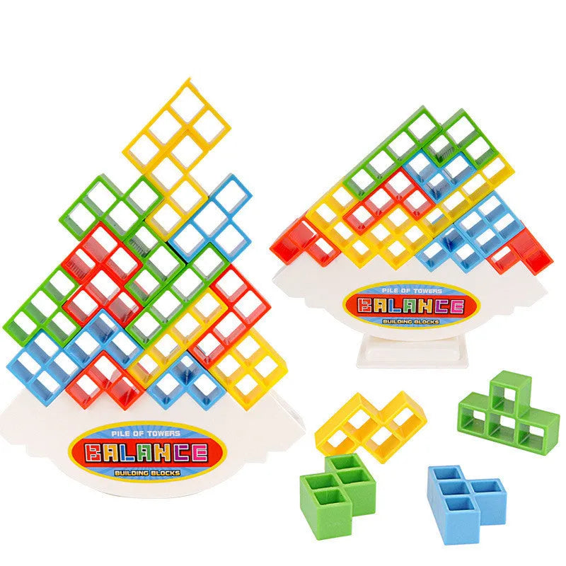 Plastic balance stacking game with 16 coloured blocks, chassis and base on a table