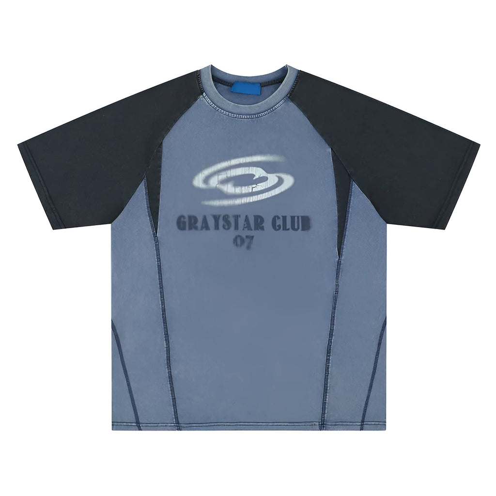 Blue hip hop letter print men's cotton t-shirt with raglan sleeves and loose fit design