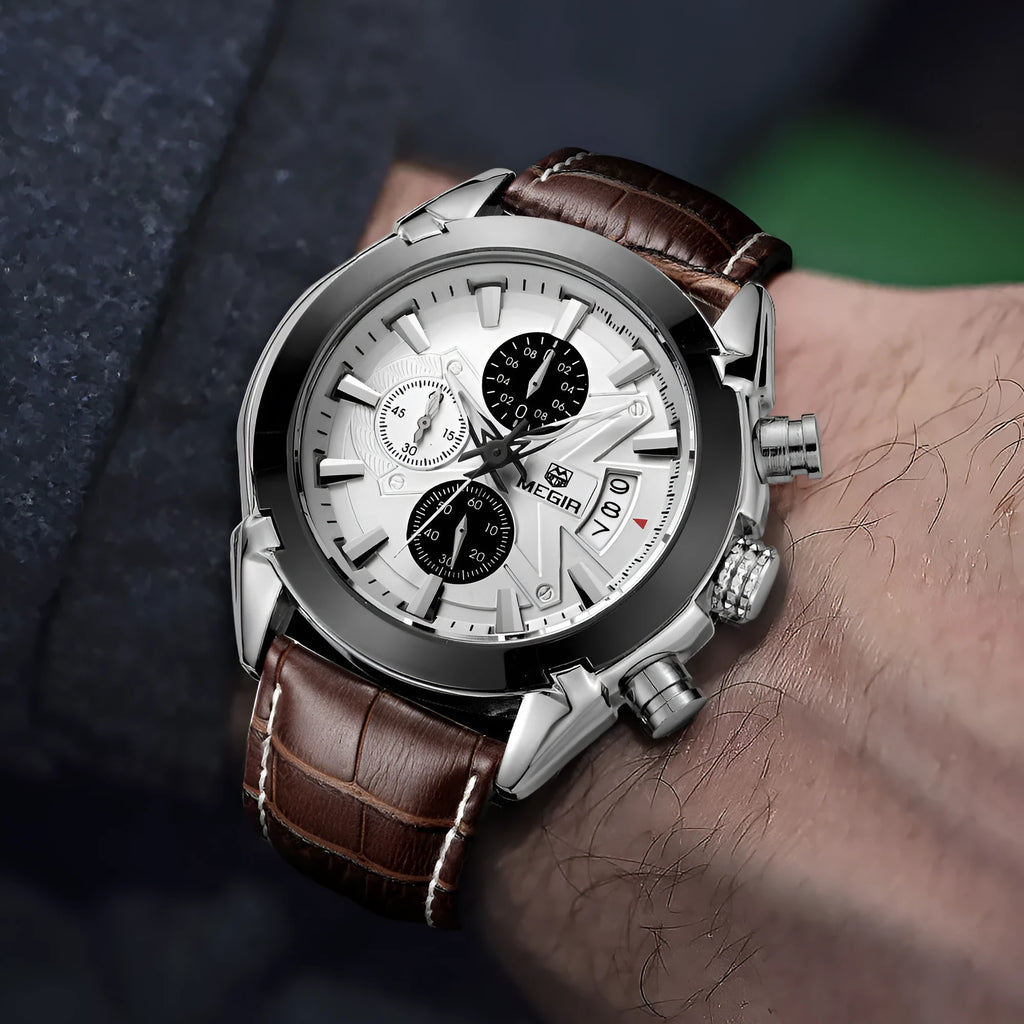 Men's multifunctional quartz watch with three sub-dials, waterproof construction and luminous elements