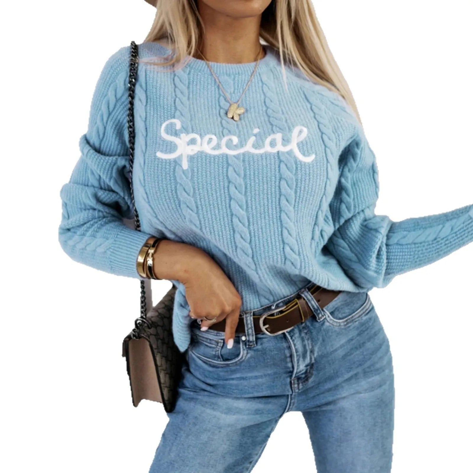 Blue pullover sweater with embroidered letters and numbers pattern on crew neck knitwear